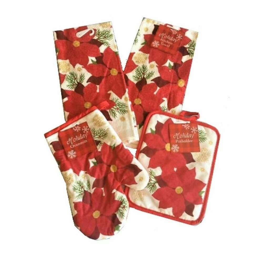 Christmas Dish Towels Kitchen Oven Mitt Potholder Poinsettia Holiday Set Of 4